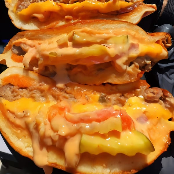 A close-up of a burger from Astroid Burgers And Wings, overflowing with melted cheese, pickles, and sauce.