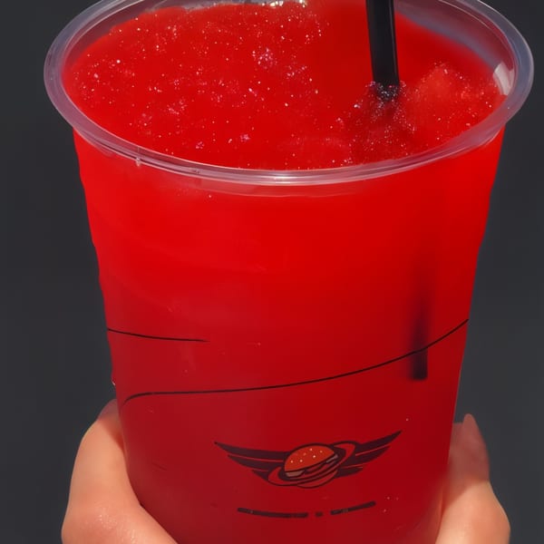 A hand holds a clear plastic cup filled with a bright red, icy slushy drink from Astroid Burgers And Wings.