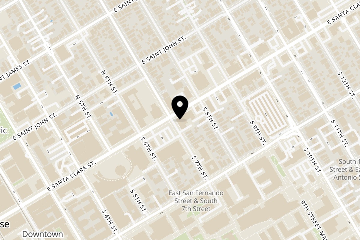 Map showing the location of Astroid Burgers And Wings on 304 E Santa Clara St B in San Jose